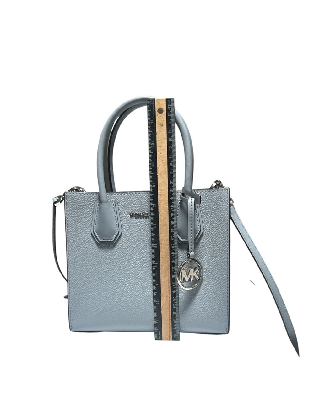 Michael Kors Mercer Light Blue Pebbled Leather Satchel Crossbody Bag - Picture 7 of 8
